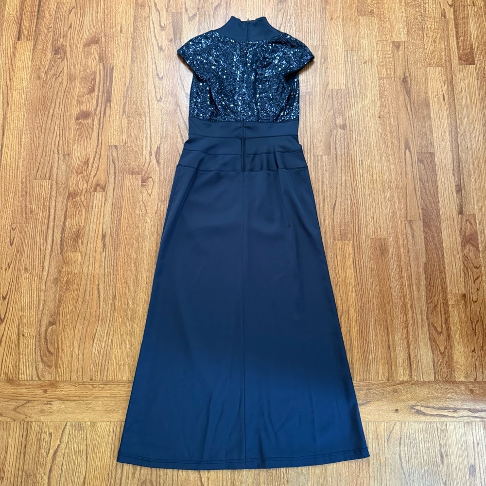 Tadashi Collection Cap-Sleeve Satin Sequined Navy Gown Dress size 6 - Picture 8 of 13